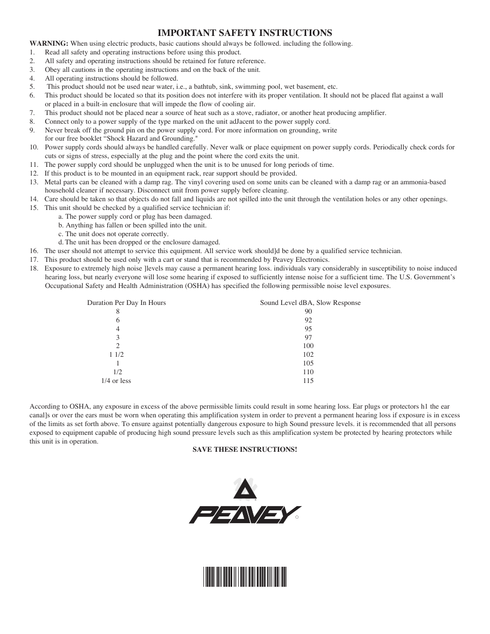 Important safety instructions | Peavey KB/A 30 User Manual | Page 24 / 24