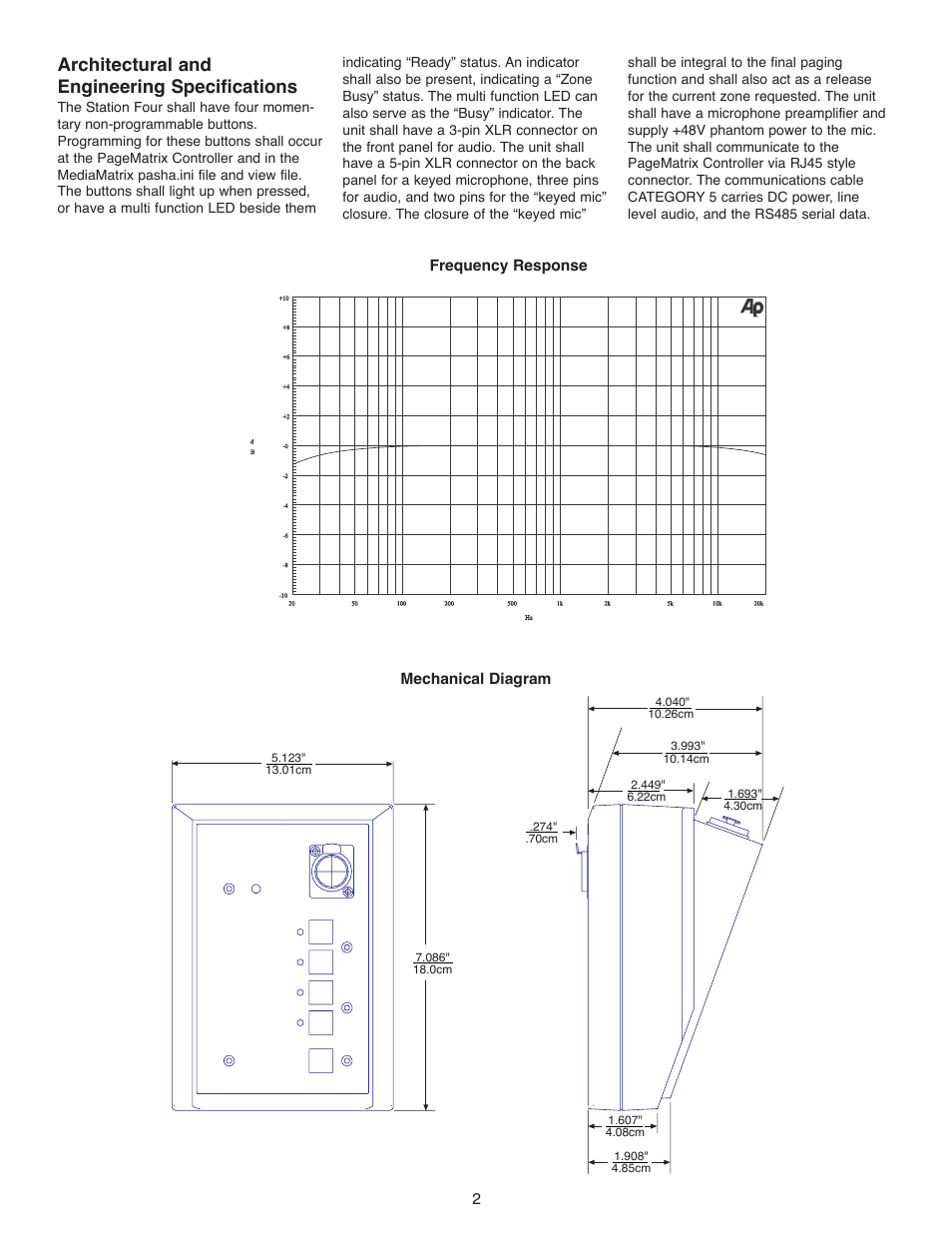 Architectural and engineering specifications, Frequency response, Mechanical diagram 2 | Peavey PageMatrix User Manual | Page 2 / 8
