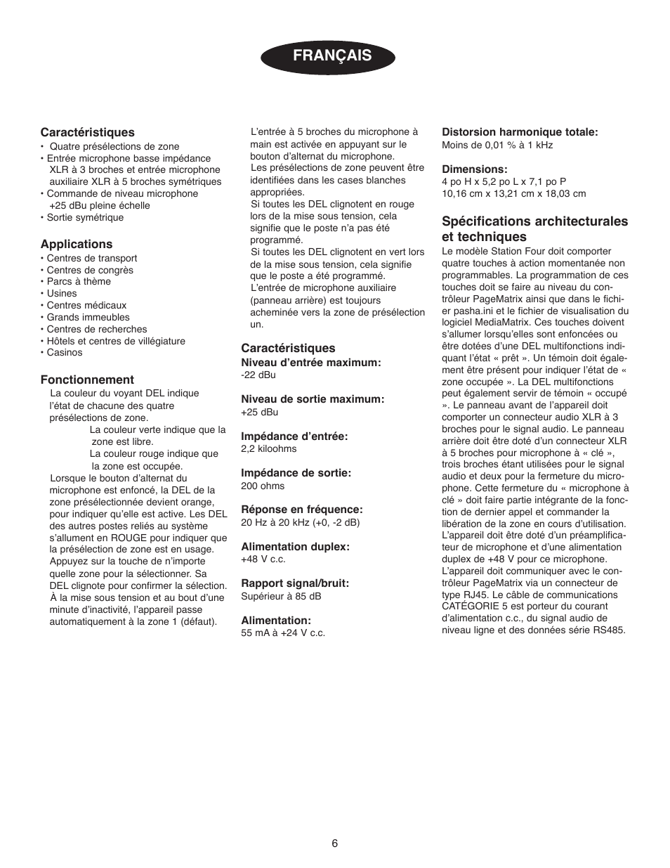 Poste station four, Fran‚ais, Spžcifications architecturales et techniques | Peavey PageMatrix User Manual | Page 6 / 8