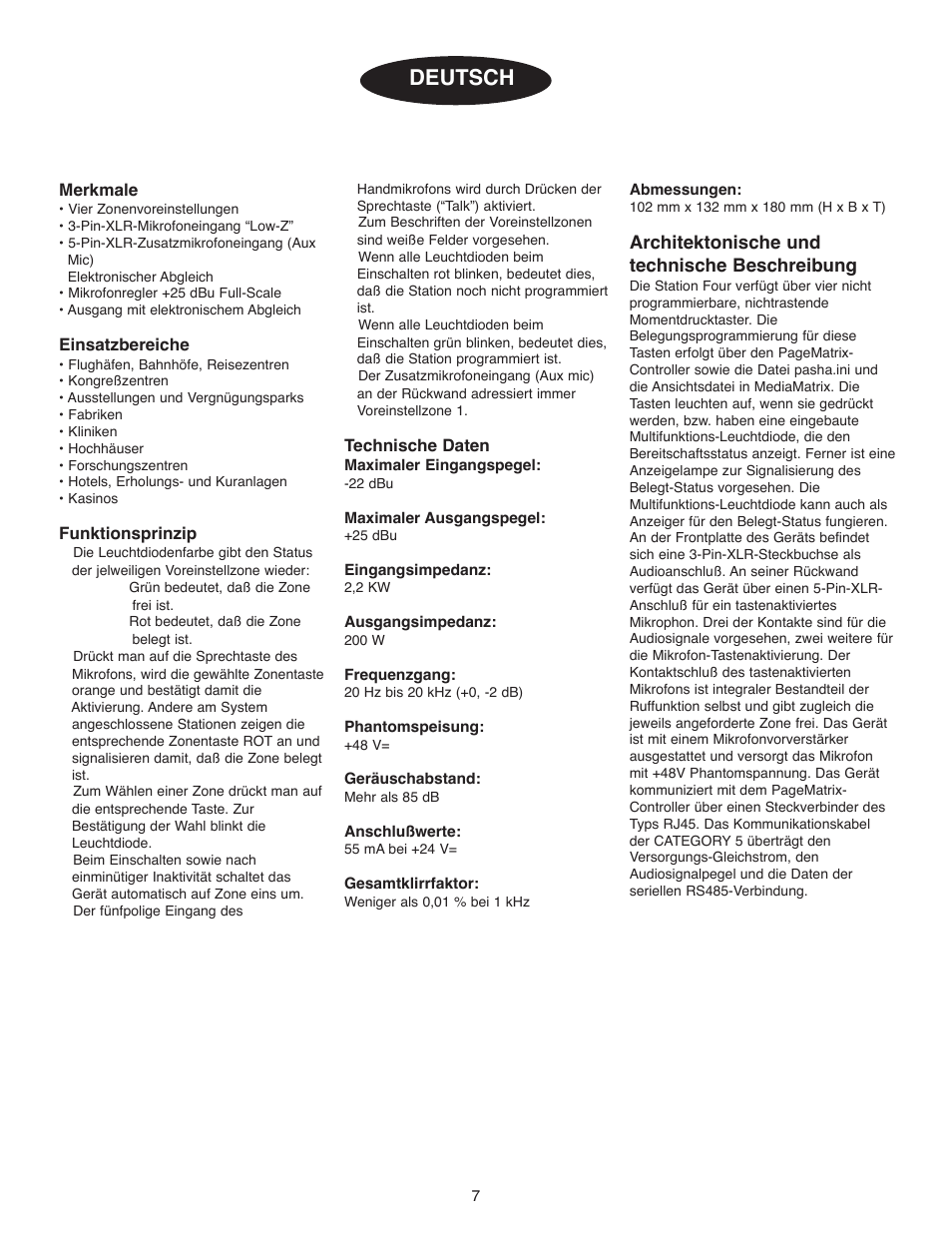 Viertastenstation, Deutsch, Architektonische und technische beschreibung | Peavey PageMatrix User Manual | Page 7 / 8