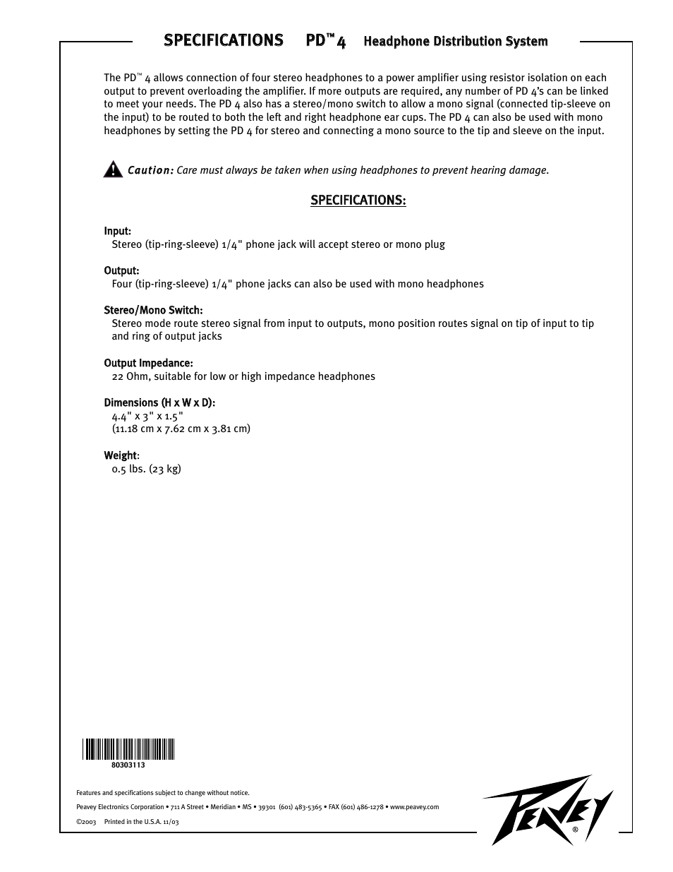 Peavey 4 User Manual | 2 pages