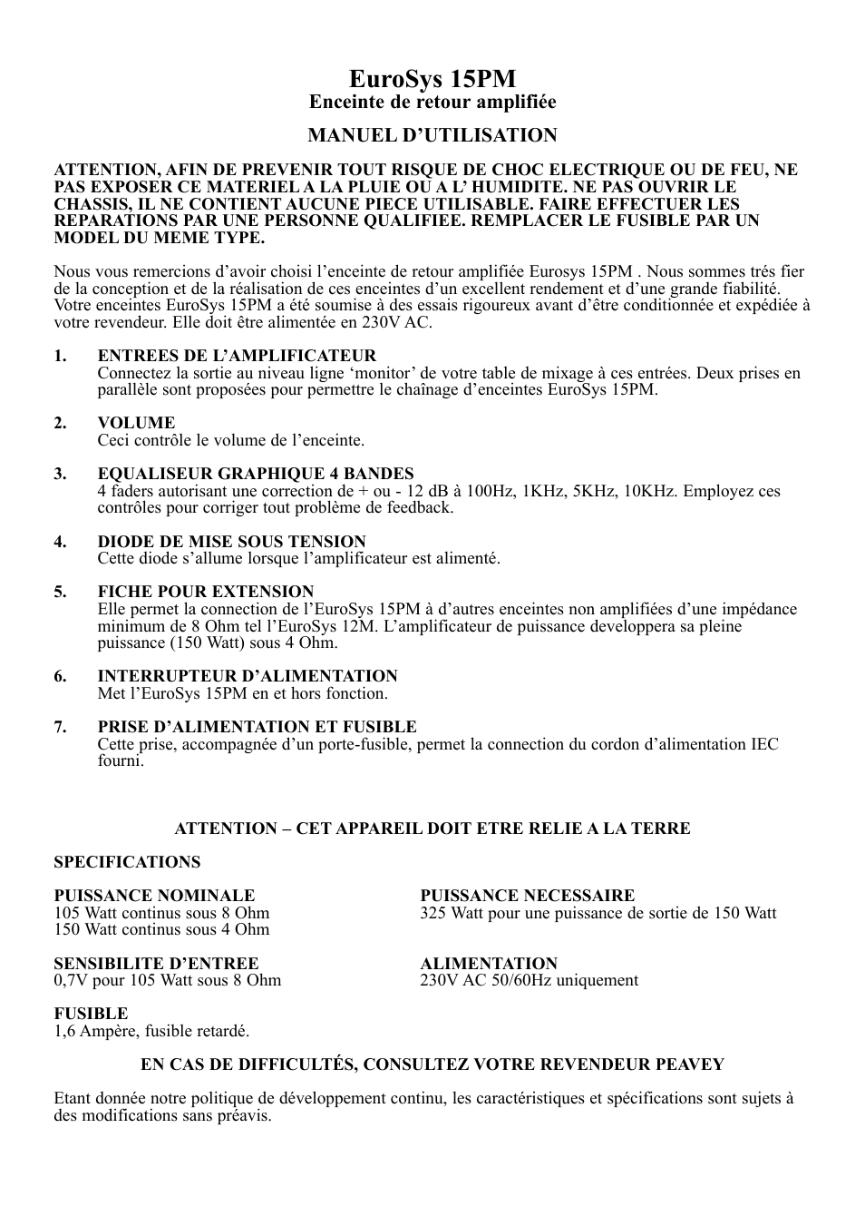 Eurosys 15pm | Peavey 15PM User Manual | Page 3 / 7