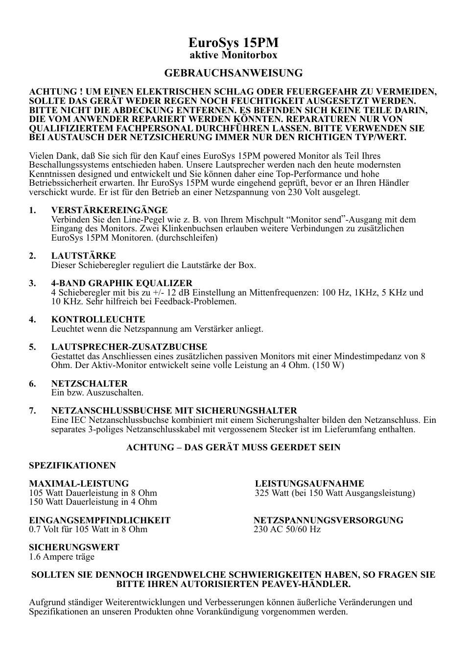 Eurosys 15pm | Peavey 15PM User Manual | Page 4 / 7