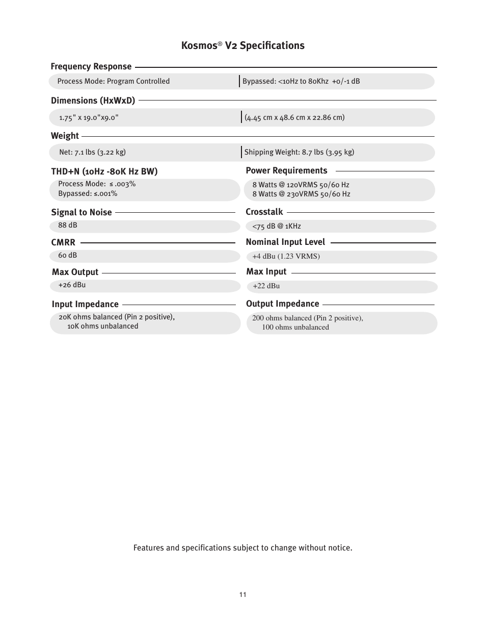 Kosmos, V2 specifications | Peavey KOSMOS V2 User Manual | Page 11 / 28