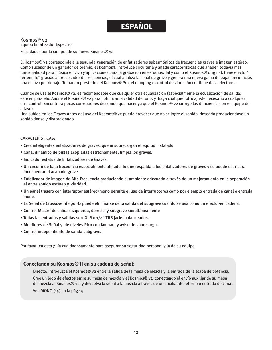 Español | Peavey KOSMOS V2 User Manual | Page 12 / 28