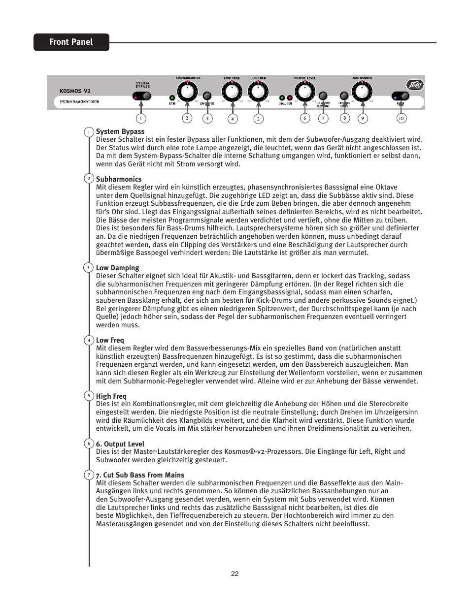 Front panel | Peavey KOSMOS V2 User Manual | Page 22 / 28