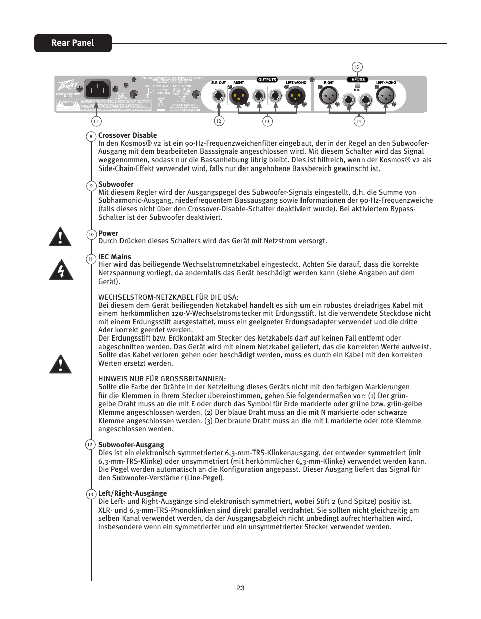 Rear panel | Peavey KOSMOS V2 User Manual | Page 23 / 28