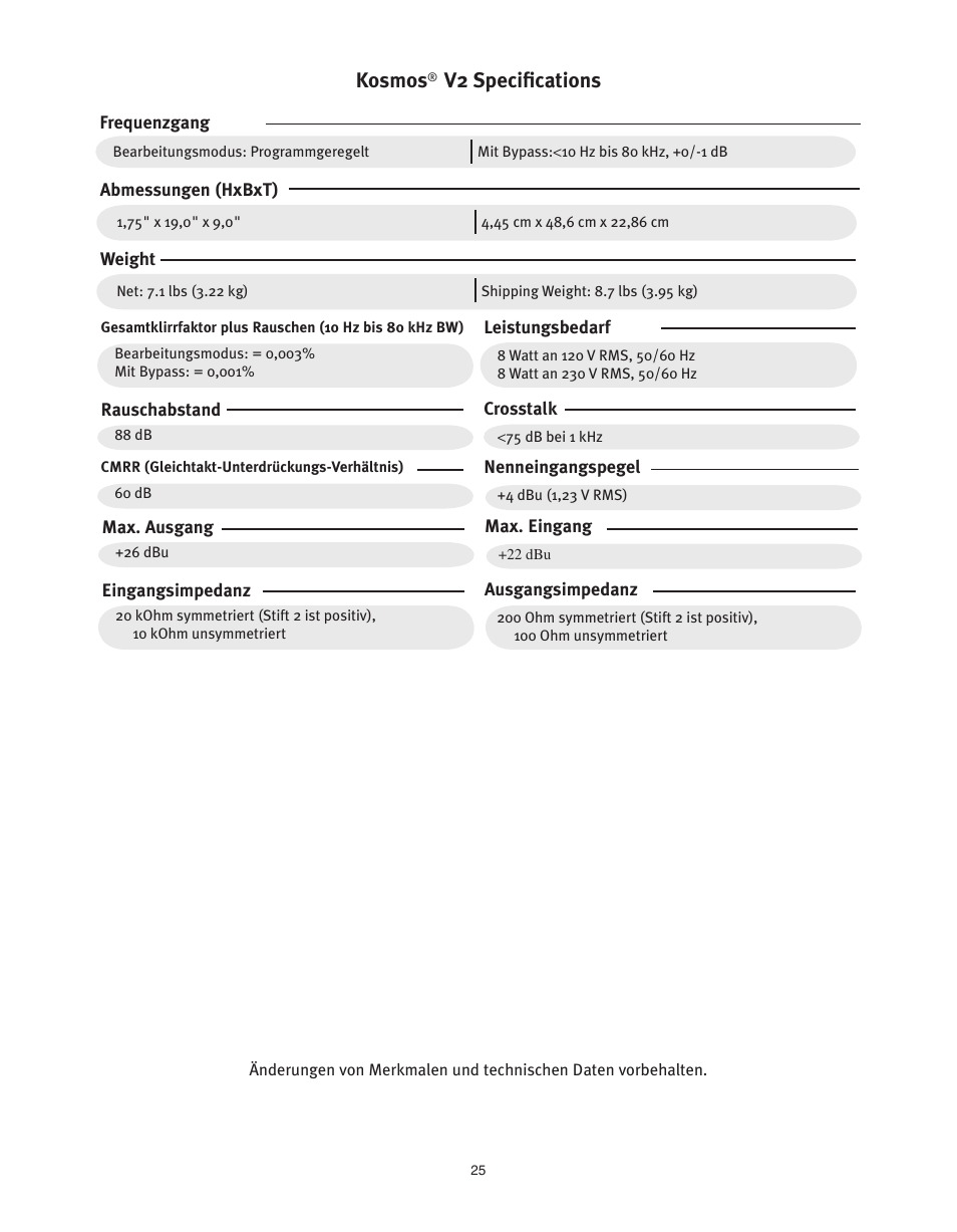 Kosmos, V2 specifications | Peavey KOSMOS V2 User Manual | Page 25 / 28