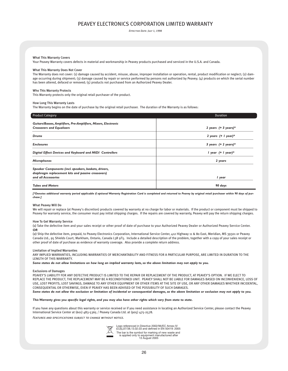 Peavey electronics corporation limited warranty | Peavey KOSMOS V2 User Manual | Page 26 / 28