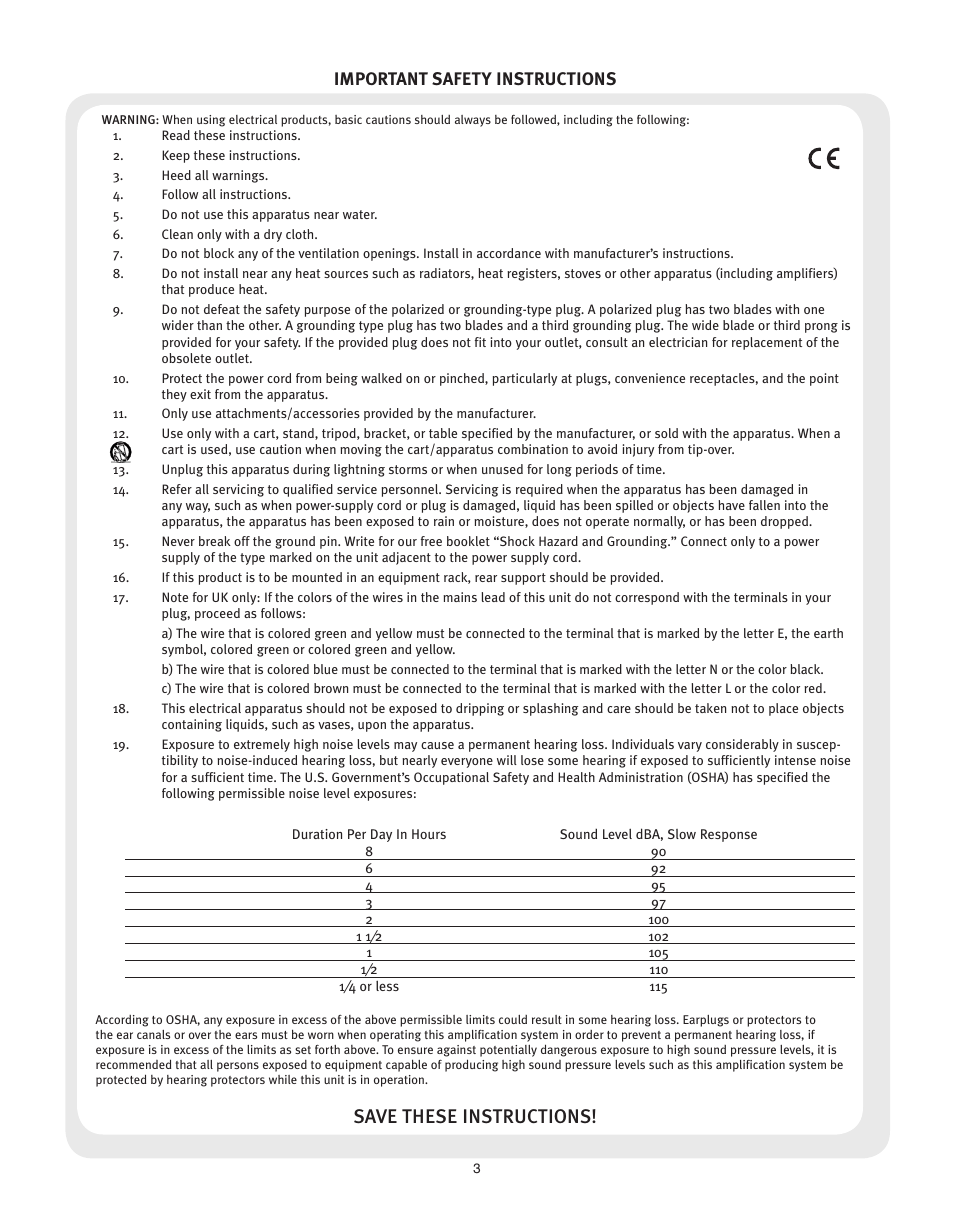Save these instructions, Important safety instructions | Peavey KOSMOS V2 User Manual | Page 3 / 28