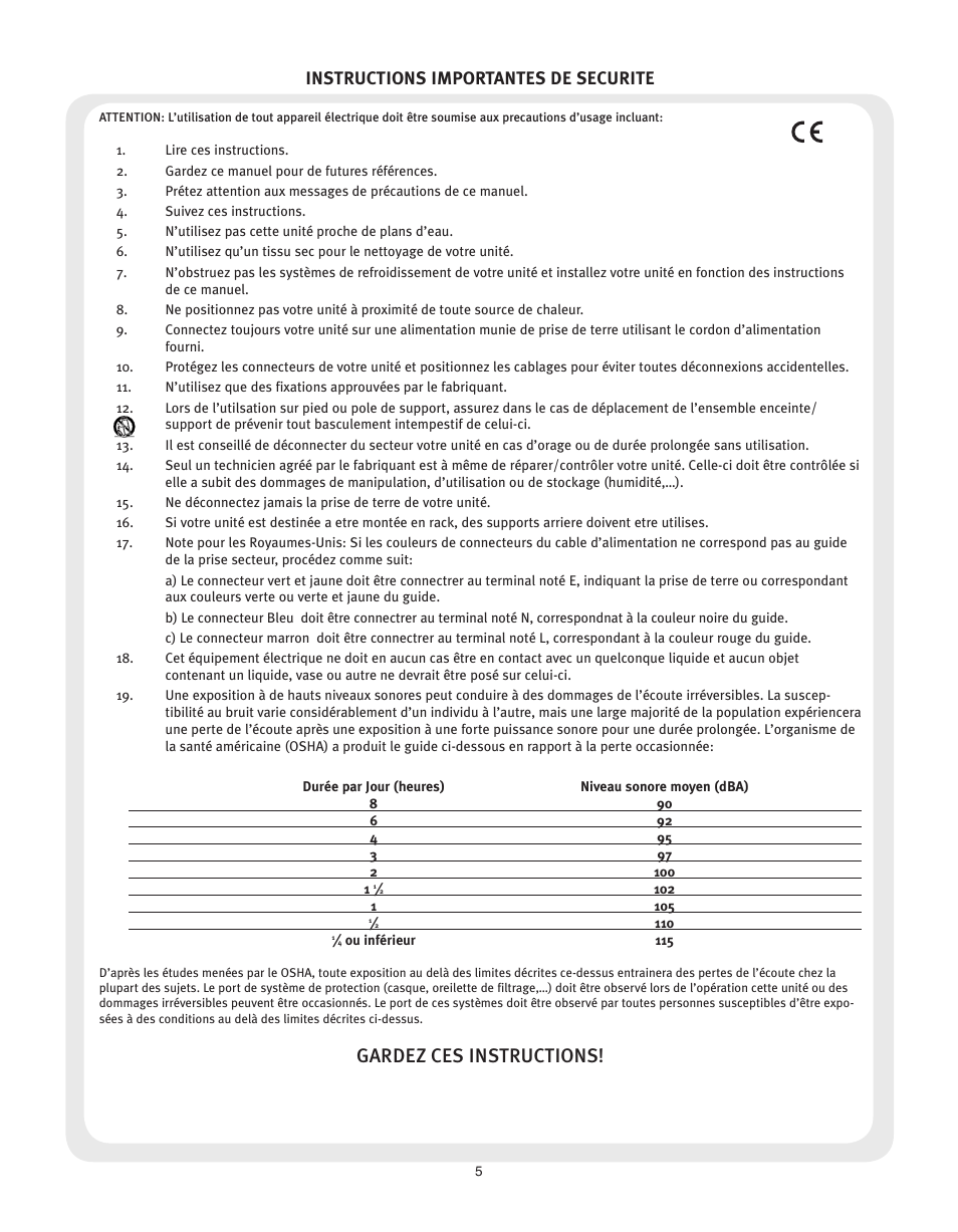 Gardez ces instructions, Instructions importantes de securite | Peavey KOSMOS V2 User Manual | Page 5 / 28