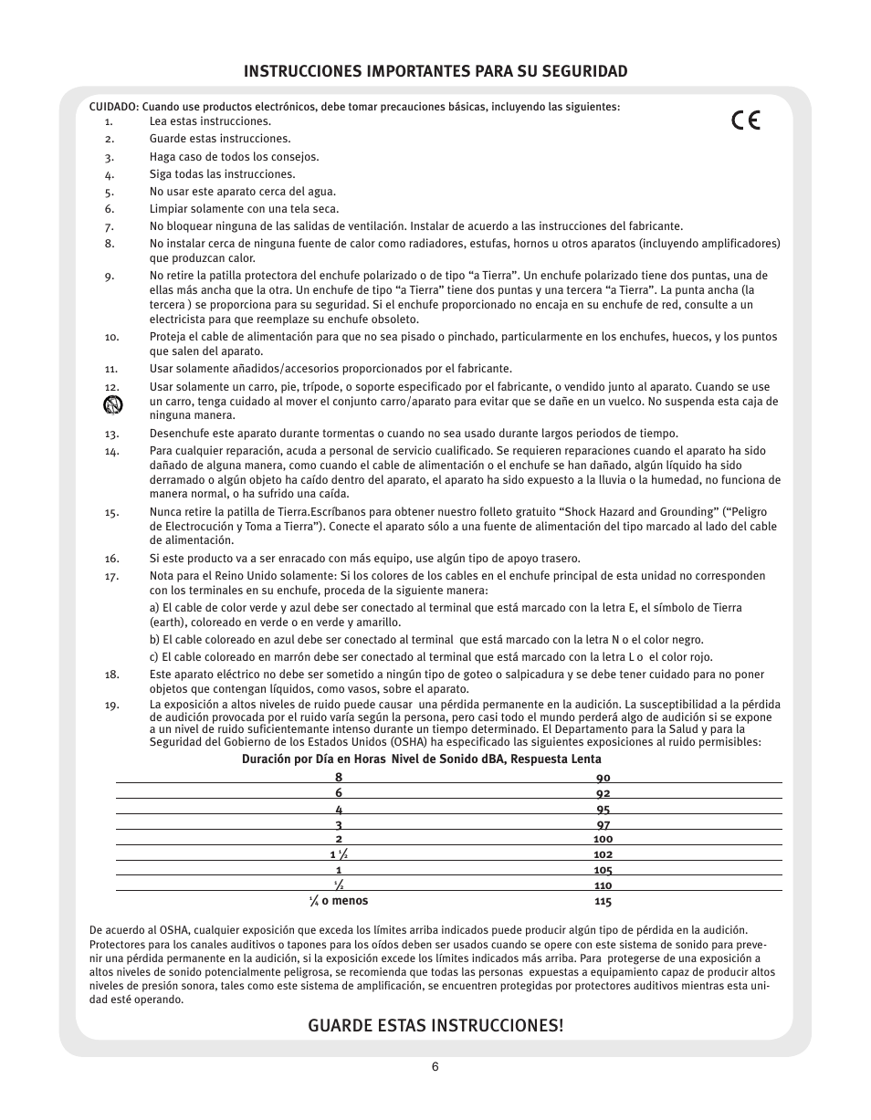 Guarde estas instrucciones, Instrucciones importantes para su seguridad | Peavey KOSMOS V2 User Manual | Page 6 / 28