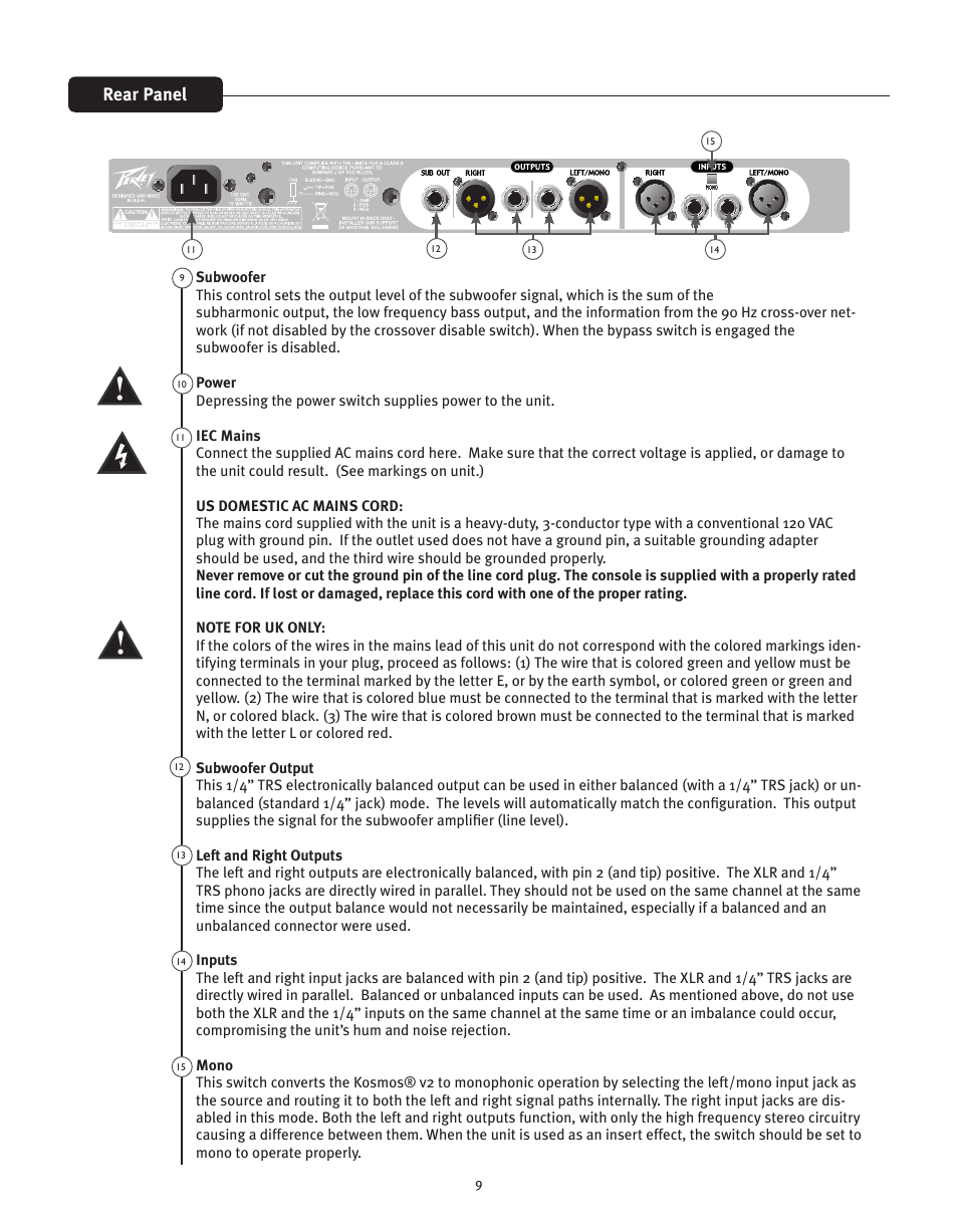 Rear panel | Peavey KOSMOS V2 User Manual | Page 9 / 28