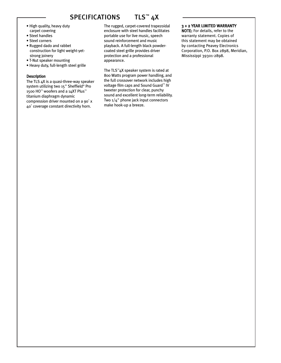 Specifications tls | Peavey TLS-4X User Manual | Page 2 / 4