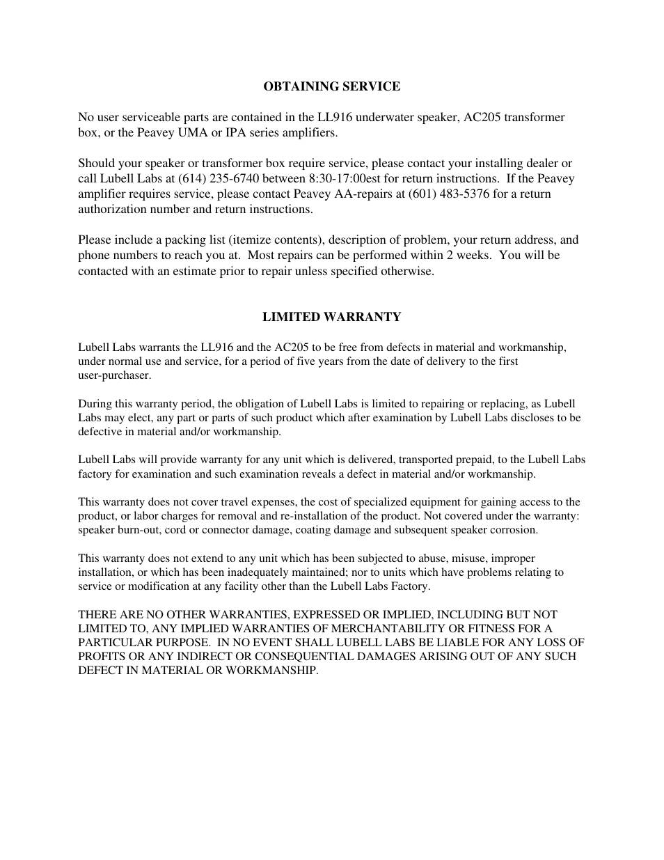 Peavey LL916 User Manual | Page 6 / 6