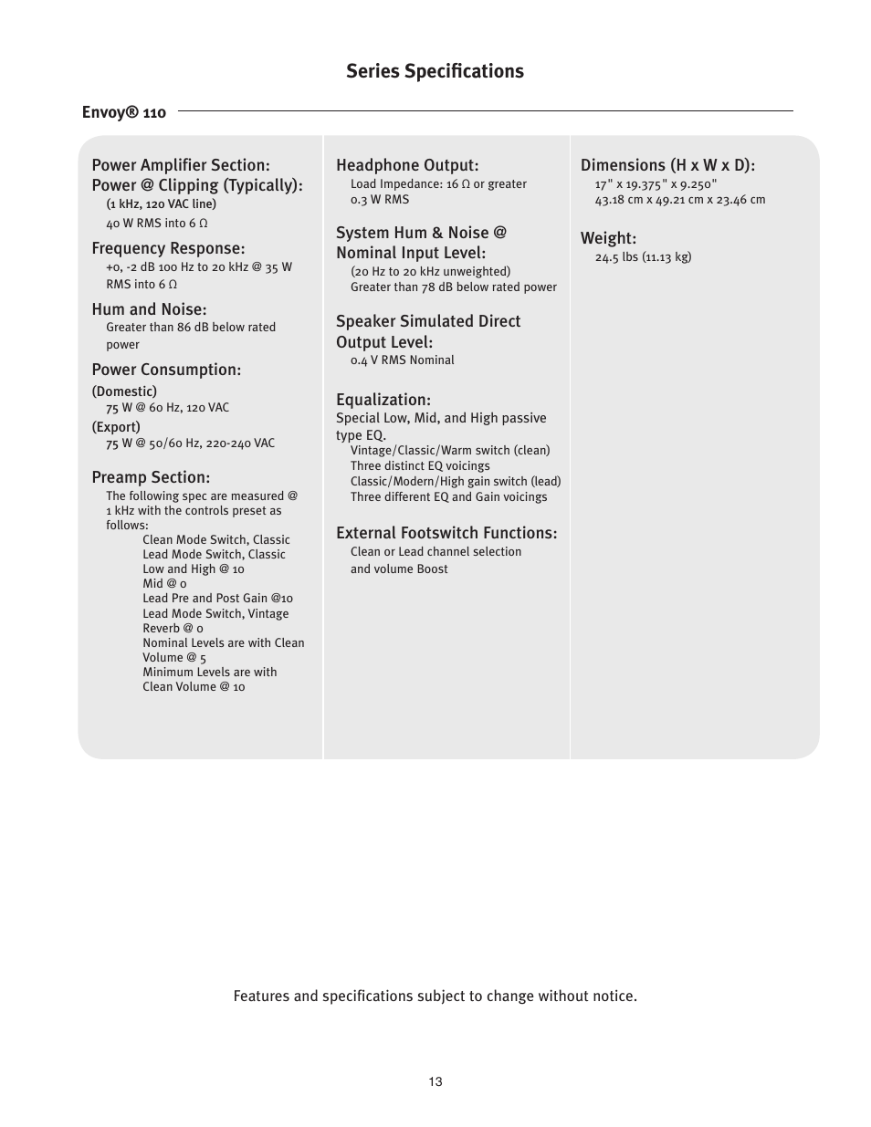 Series specifications | Peavey ENVOY 112 User Manual | Page 13 / 16