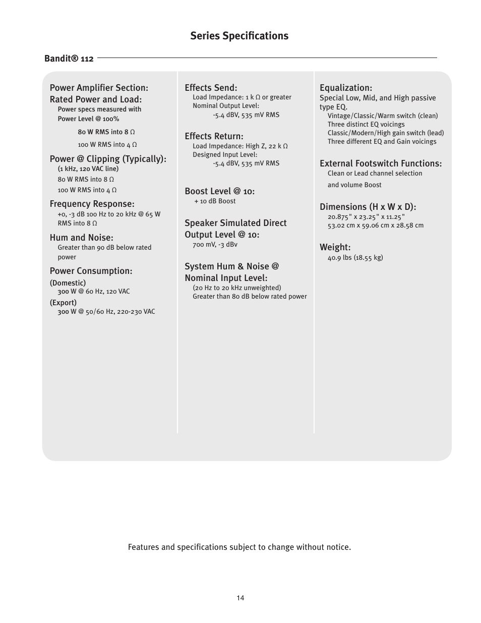 Series specifications | Peavey ENVOY 112 User Manual | Page 14 / 16