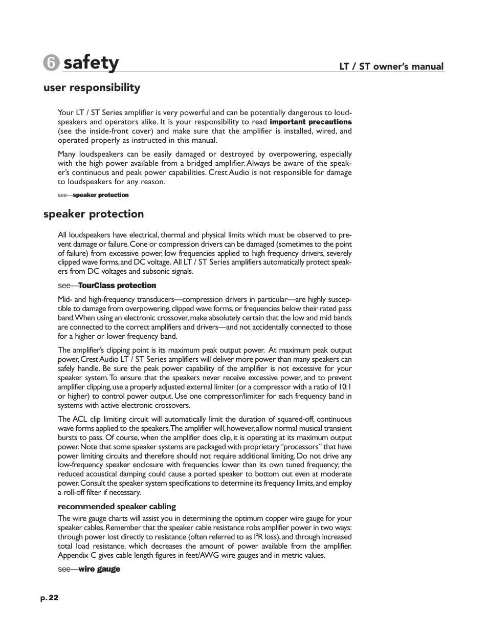 Safety, Speaker protection, User responsibility | Peavey LT Series User Manual | Page 24 / 34