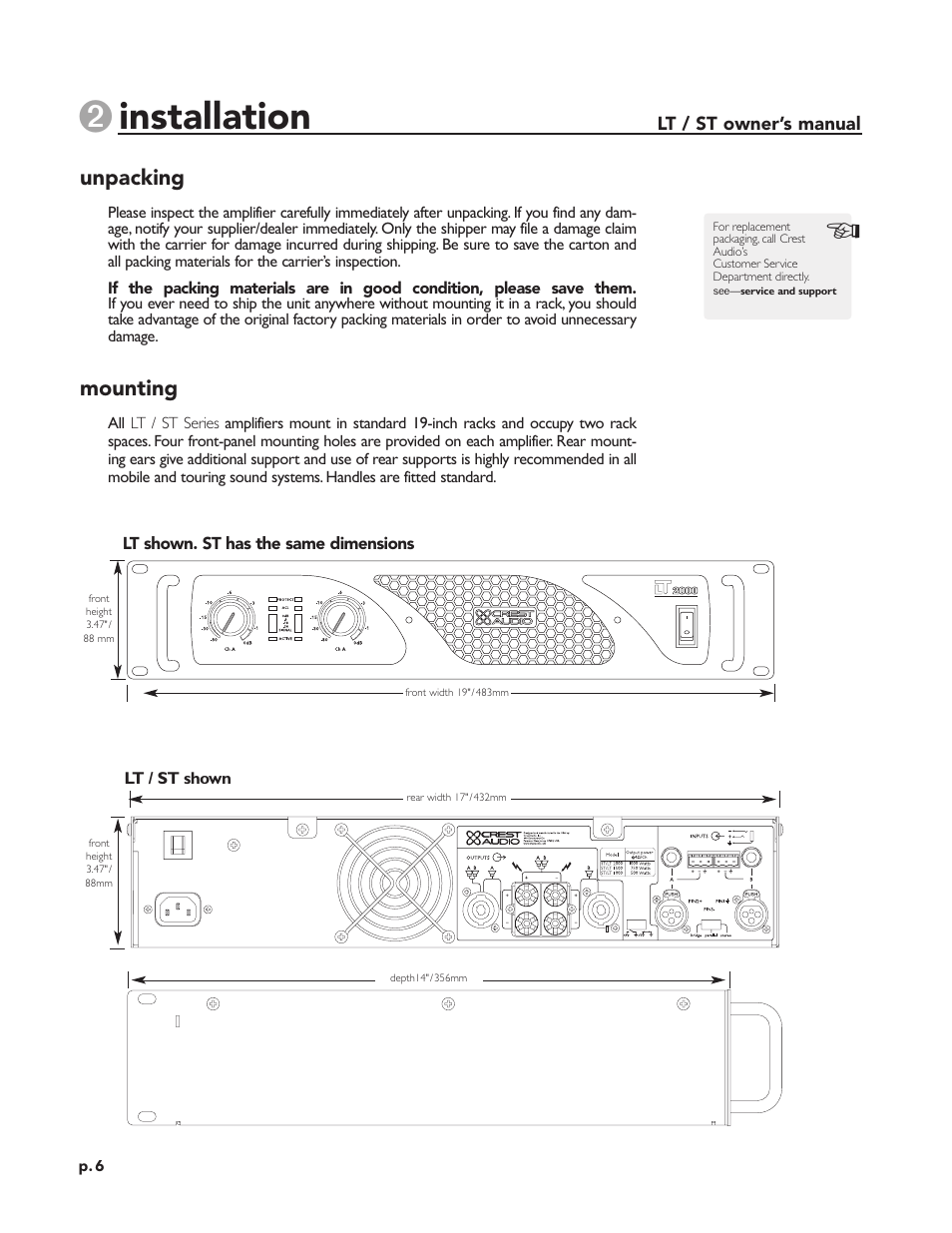 Installation, Unpacking, Mounting | Peavey LT Series User Manual | Page 8 / 34