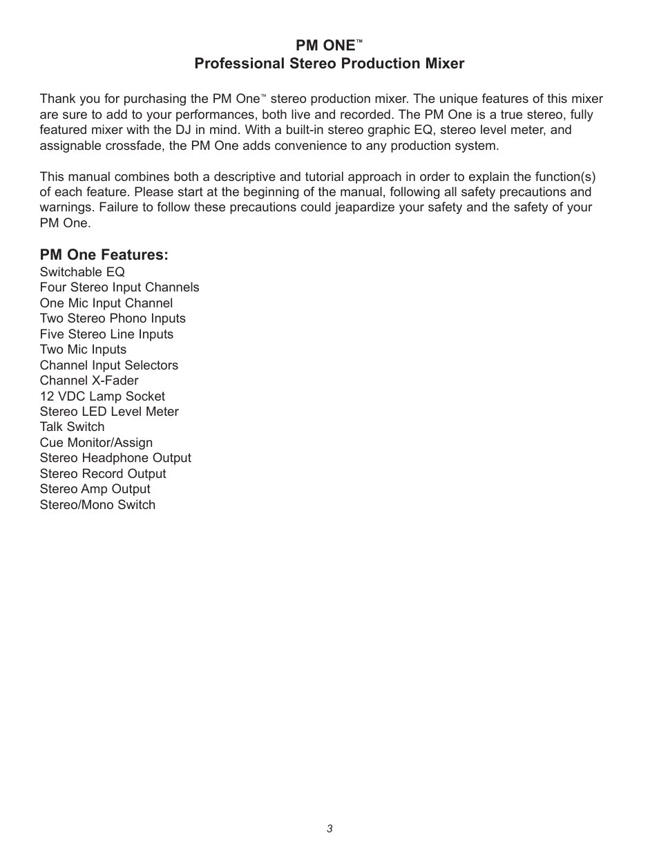 Pm one, Professional stereo production mixer, Pm one features | Peavey PM 1 User Manual | Page 3 / 16