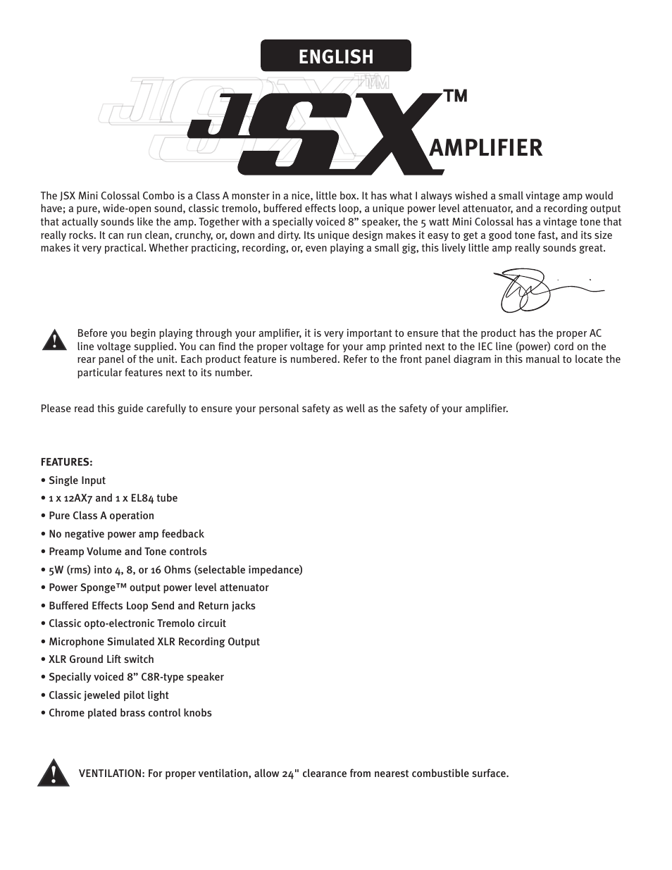 Amplifier, English | Peavey JSXTM Mini ColossalTM Class A Tube Guitar Amplifier User Manual | Page 7 / 12