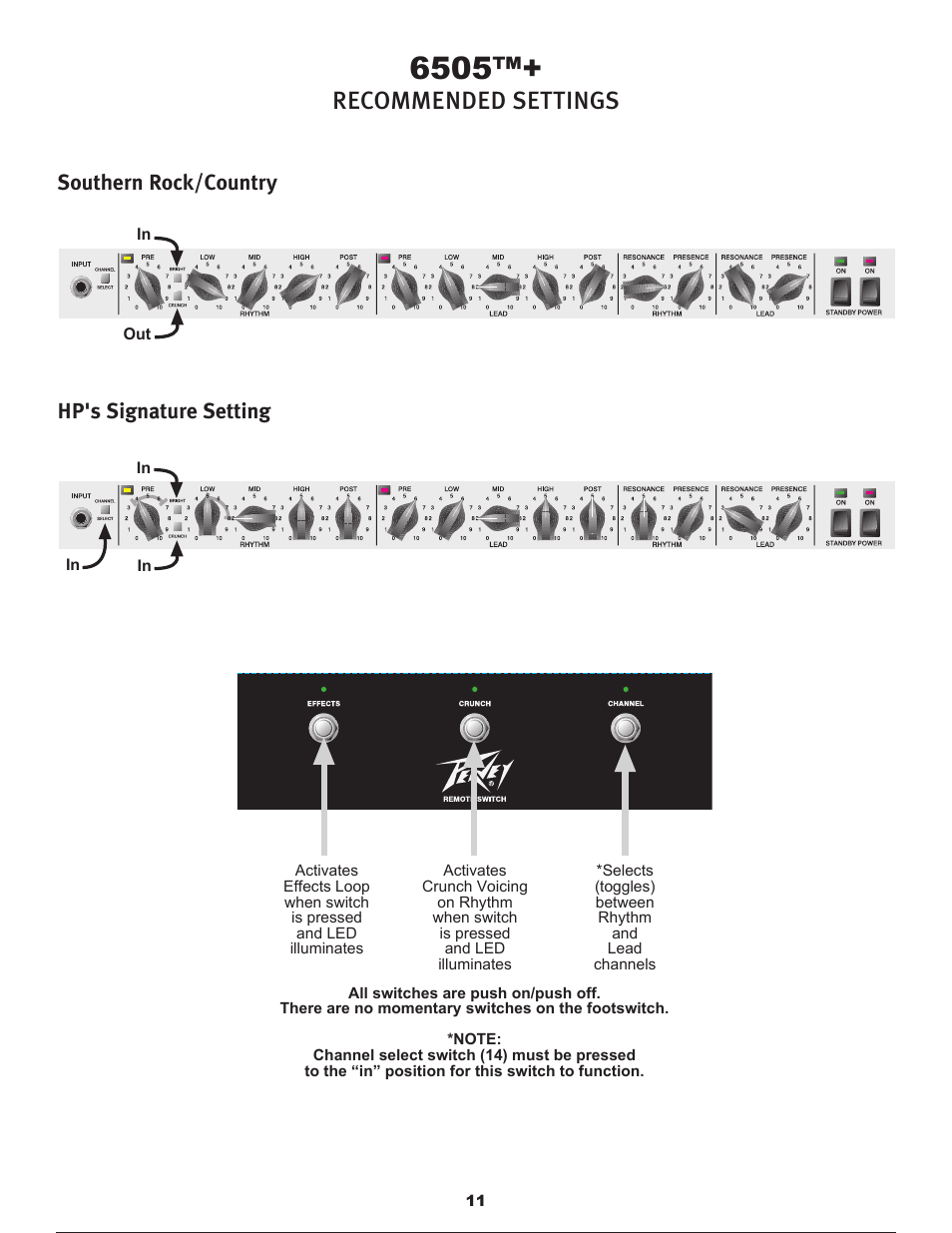 Recommended settings, Hp's signature setting southern rock/country | Peavey 6505TM User Manual | Page 11 / 36