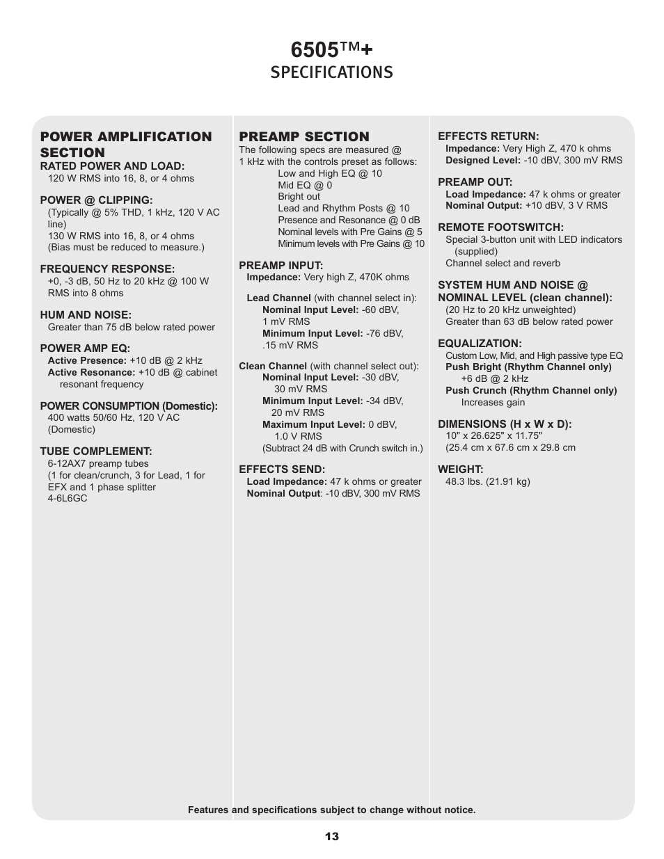 Specifications | Peavey 6505TM User Manual | Page 13 / 36