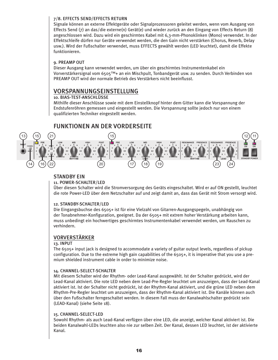 Vorspannungseinstellung, Funktionen an der vorderseite, Standby ein | Vorverstärker | Peavey 6505TM User Manual | Page 16 / 36