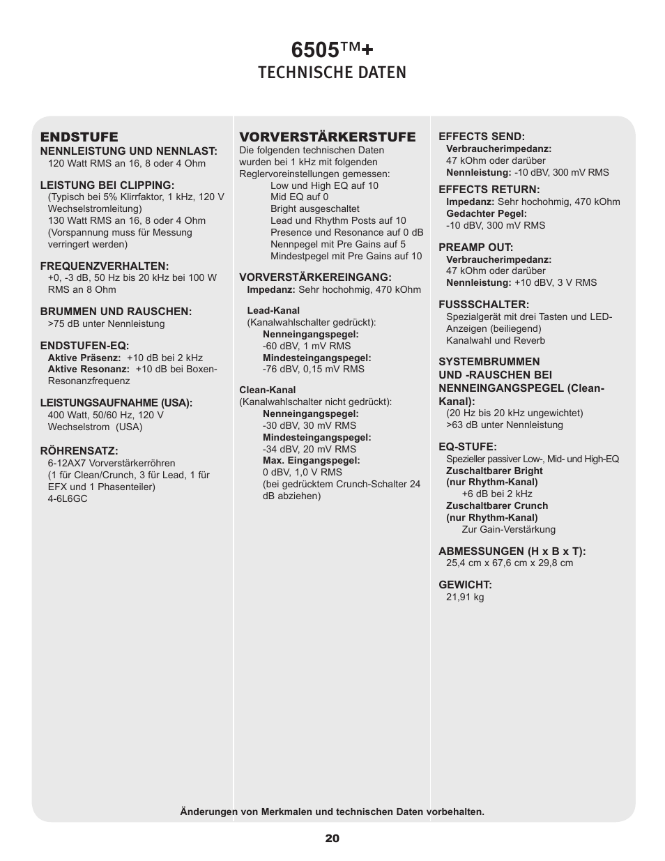 Technische daten | Peavey 6505TM User Manual | Page 20 / 36