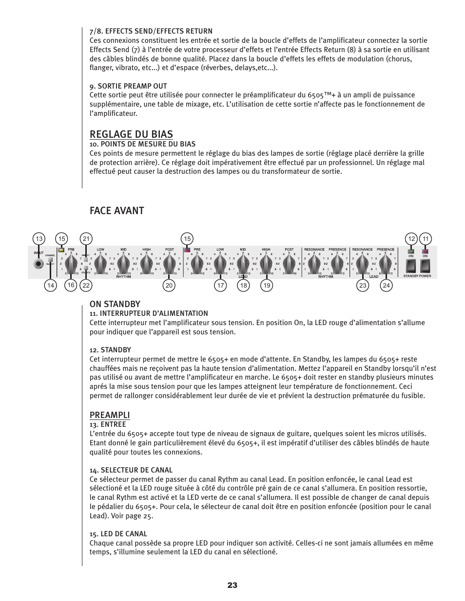 Reglage du bias, Face avant, On standby | Preampli | Peavey 6505TM User Manual | Page 23 / 36