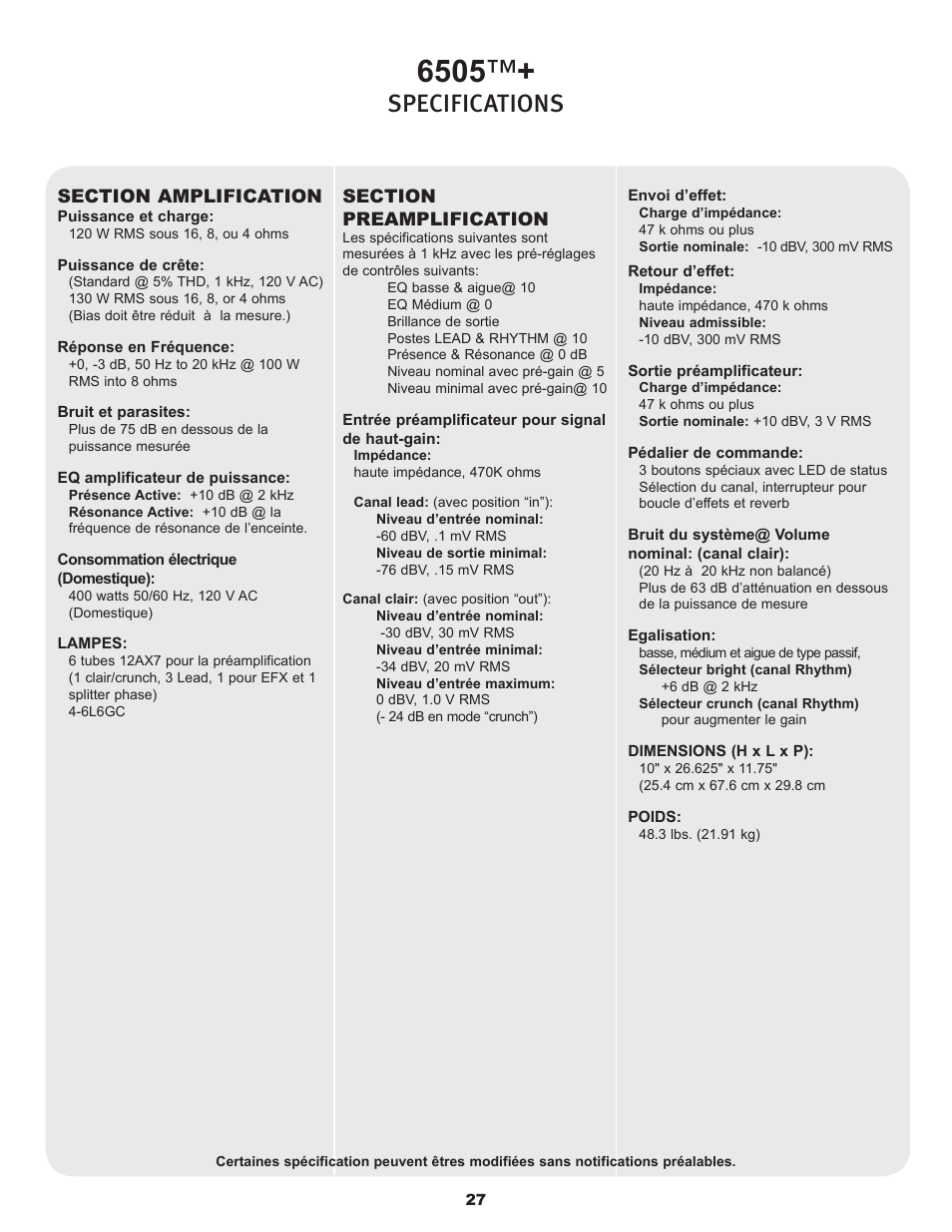 Specifications | Peavey 6505TM User Manual | Page 27 / 36