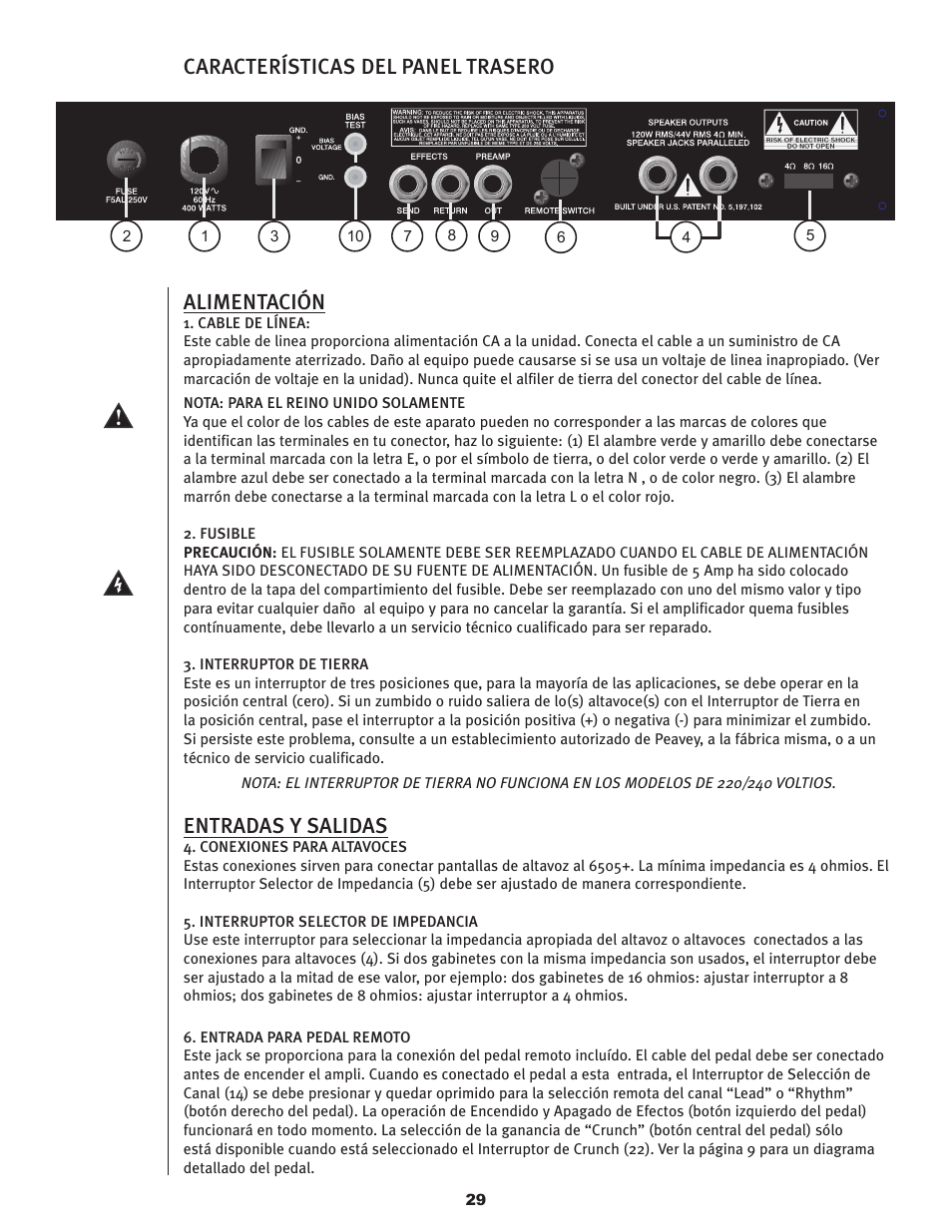 Características del panel trasero alimentación, Entradas y salidas | Peavey 6505TM User Manual | Page 29 / 36