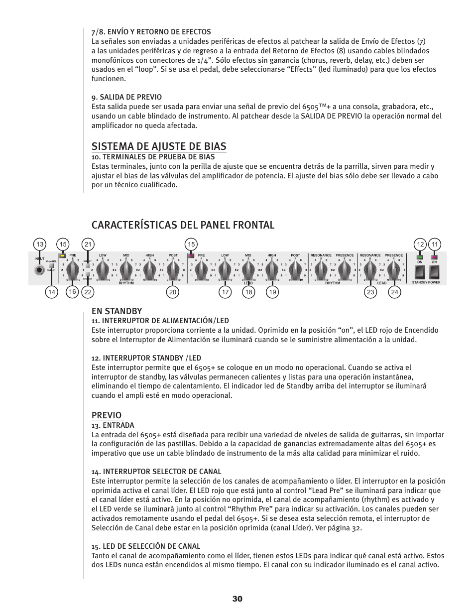 Sistema de ajuste de bias, Características del panel frontal, En standby | Previo | Peavey 6505TM User Manual | Page 30 / 36