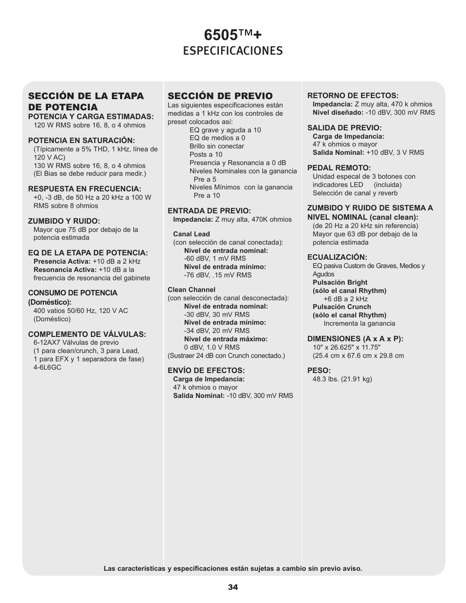 Especificaciones | Peavey 6505TM User Manual | Page 34 / 36