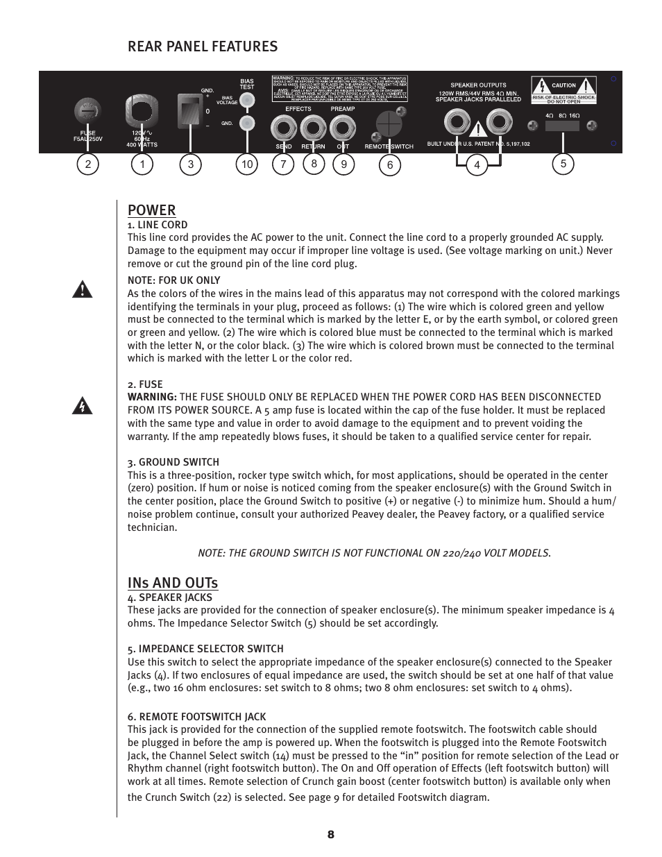 Rear panel features power, Ins and outs | Peavey 6505TM User Manual | Page 8 / 36