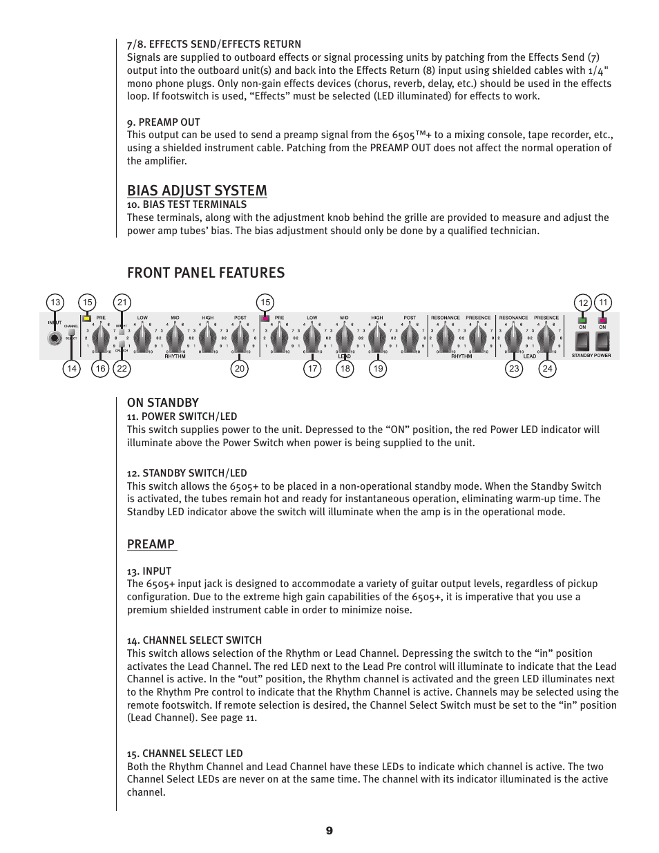 Bias adjust system, Front panel features, On standby | Preamp | Peavey 6505TM User Manual | Page 9 / 36