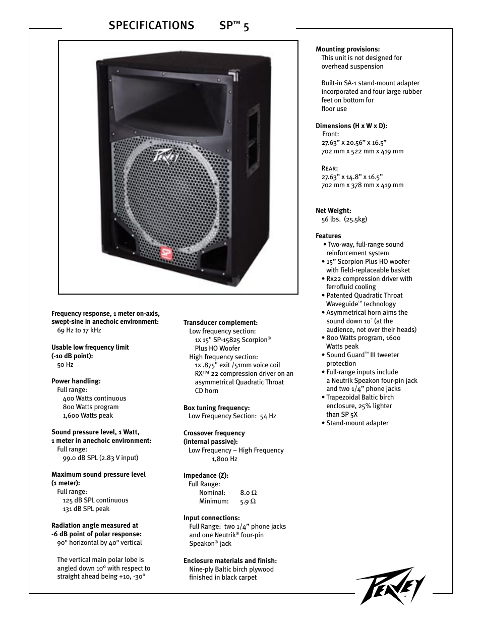 Peavey SP 5 User Manual | 4 pages