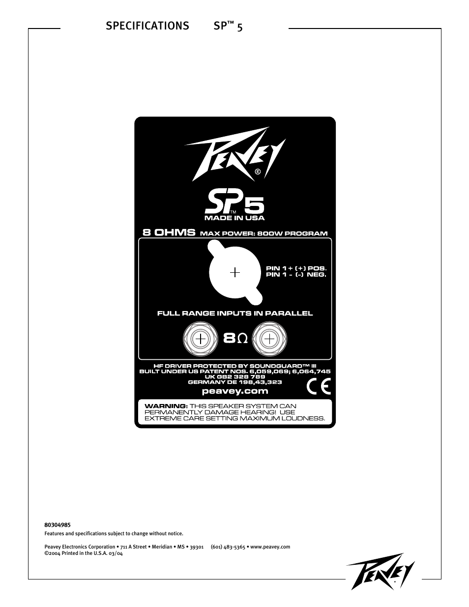 Specifications sp | Peavey SP 5 User Manual | Page 4 / 4