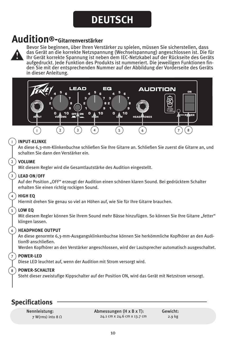 Audition, Deutsch, Specifications | Gitarrenverstärker | Peavey Audition User Manual | Page 10 / 12