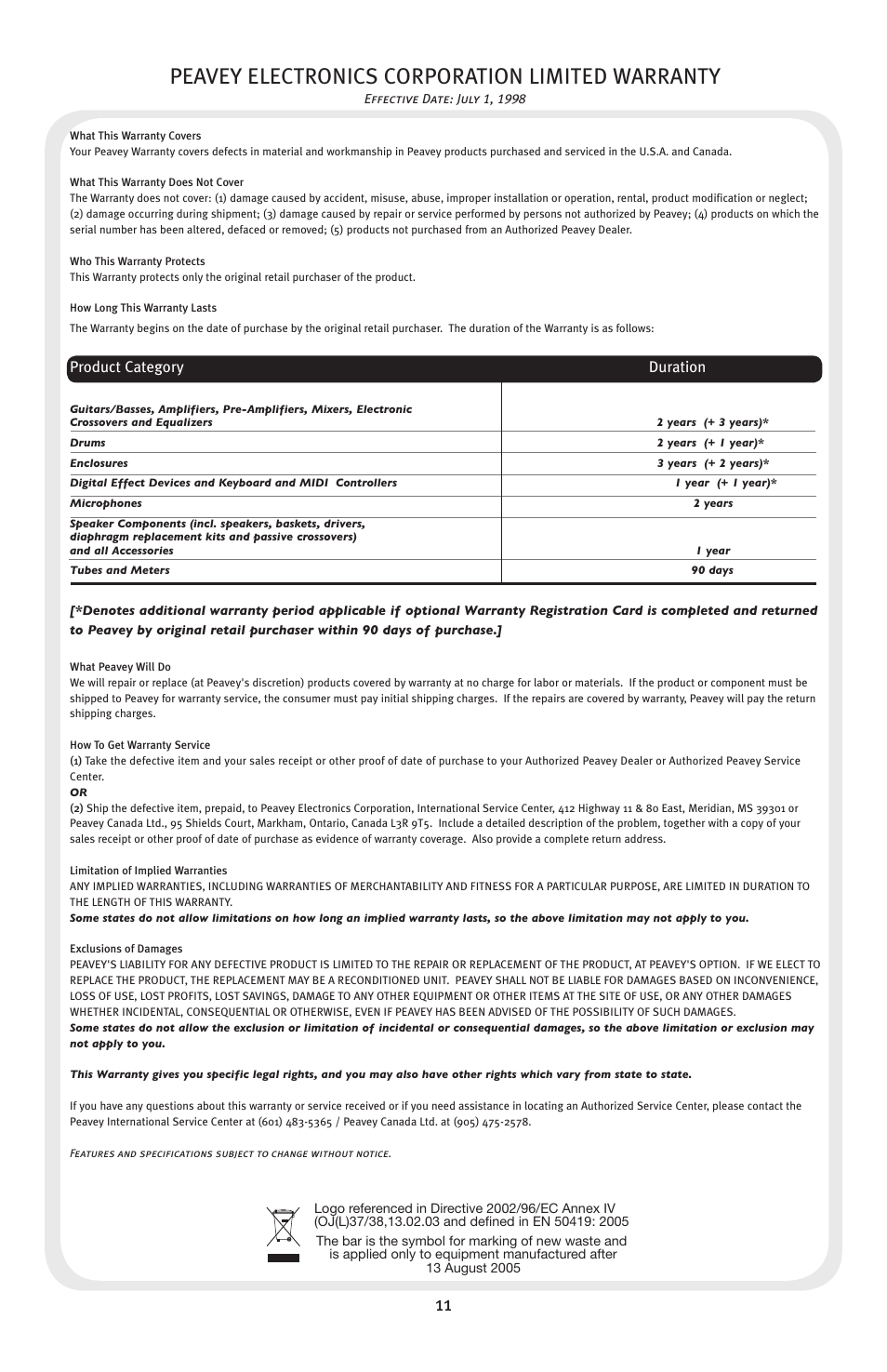 Peavey electronics corporation limited warranty | Peavey Audition User Manual | Page 11 / 12