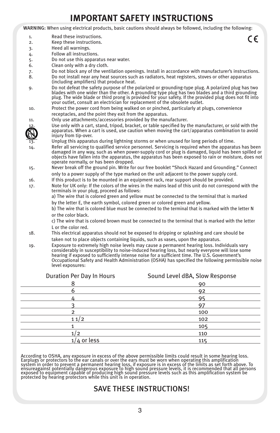 Important safety instructions, Save these instructions | Peavey Audition User Manual | Page 3 / 12