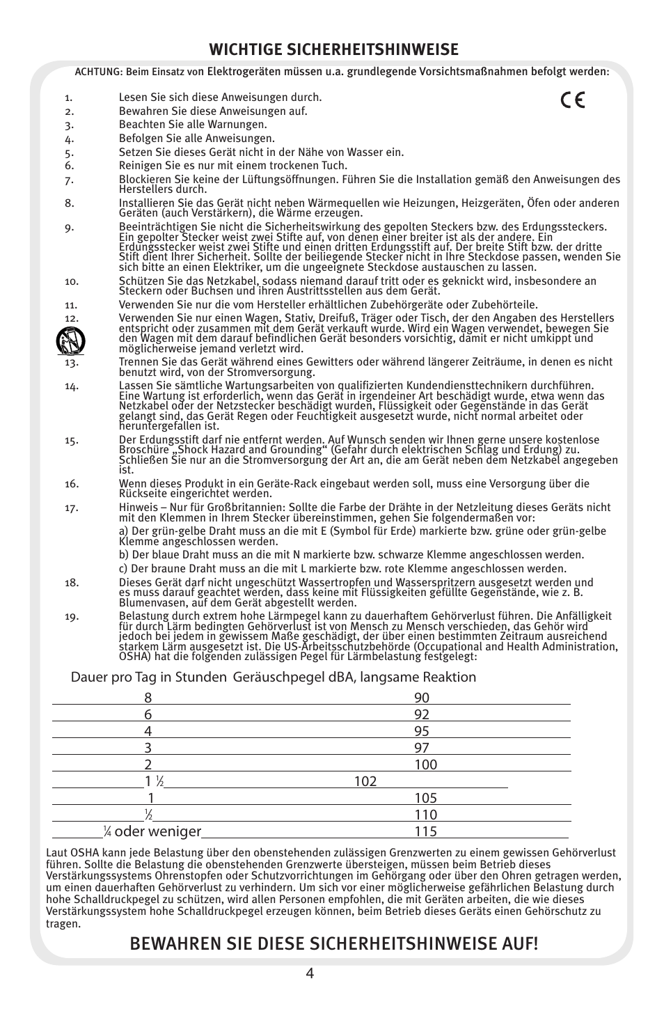 Bewahren sie diese sicherheitshinweise auf, Wichtige sicherheitshinweise, Oder weniger | Peavey Audition User Manual | Page 4 / 12
