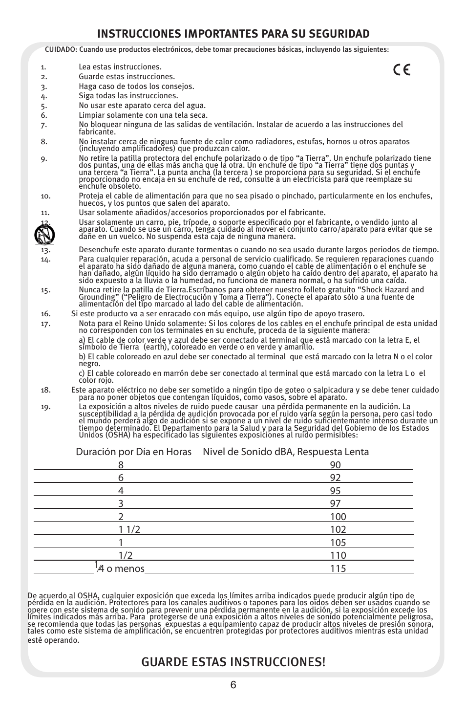 Guarde estas instrucciones, Instrucciones importantes para su seguridad | Peavey Audition User Manual | Page 6 / 12