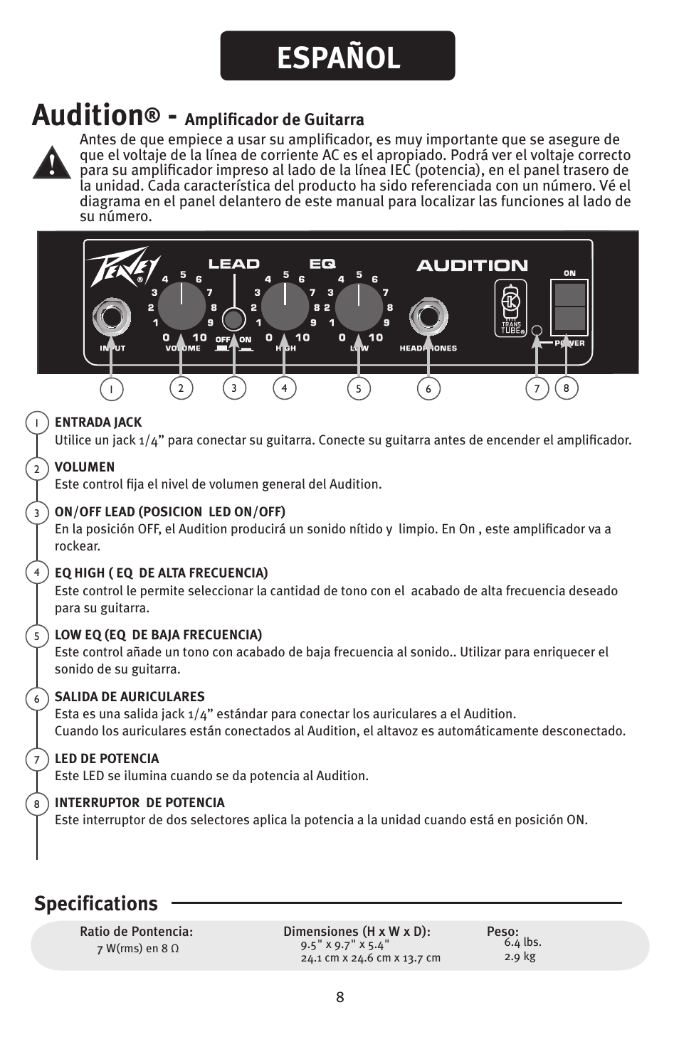 Audition, Español, Specifications | Amplificador de guitarra | Peavey Audition User Manual | Page 8 / 12