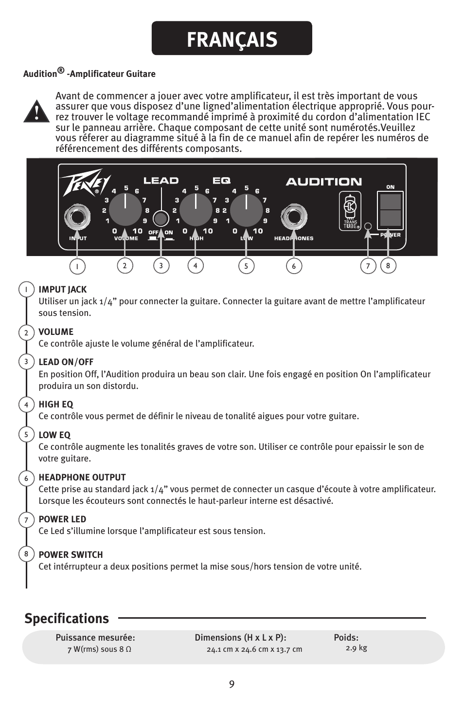 Français, Specifications | Peavey Audition User Manual | Page 9 / 12