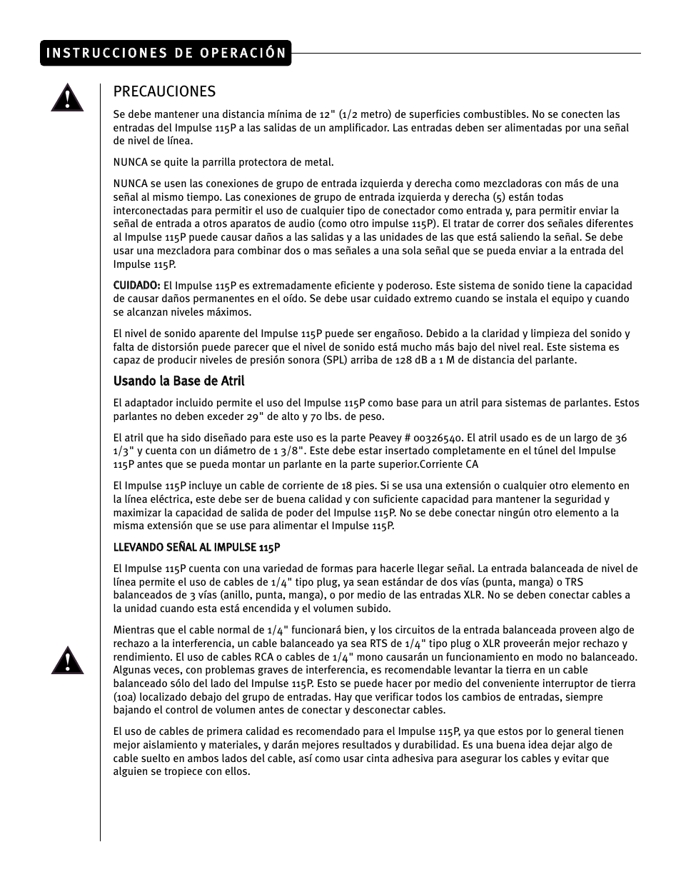 Precauciones | Peavey Impulse 115P User Manual | Page 34 / 52