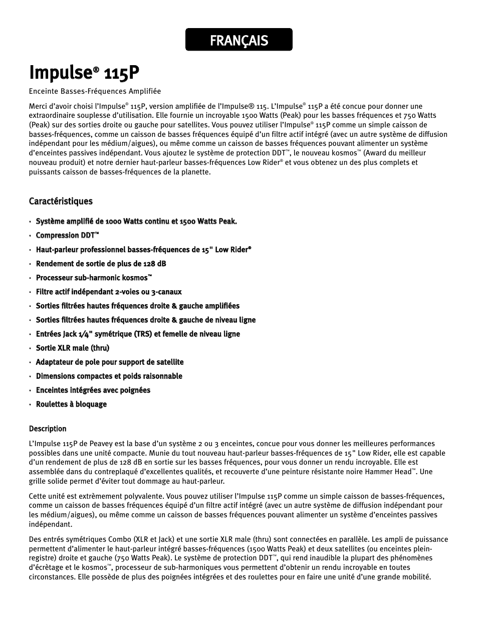 Iim mp pu ulls se e, Ffr ra an nç ça aiis s | Peavey Impulse 115P User Manual | Page 41 / 52