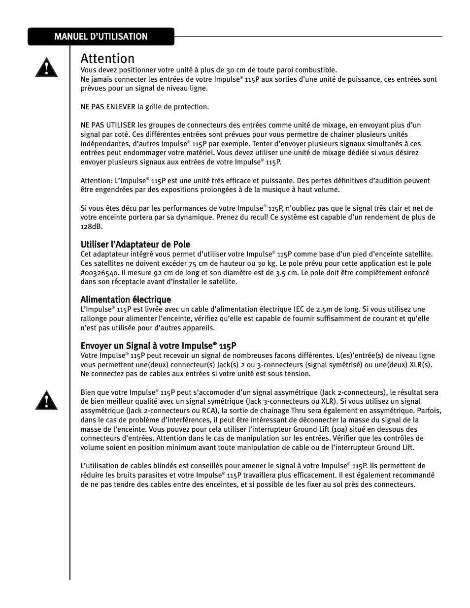 Attention | Peavey Impulse 115P User Manual | Page 44 / 52