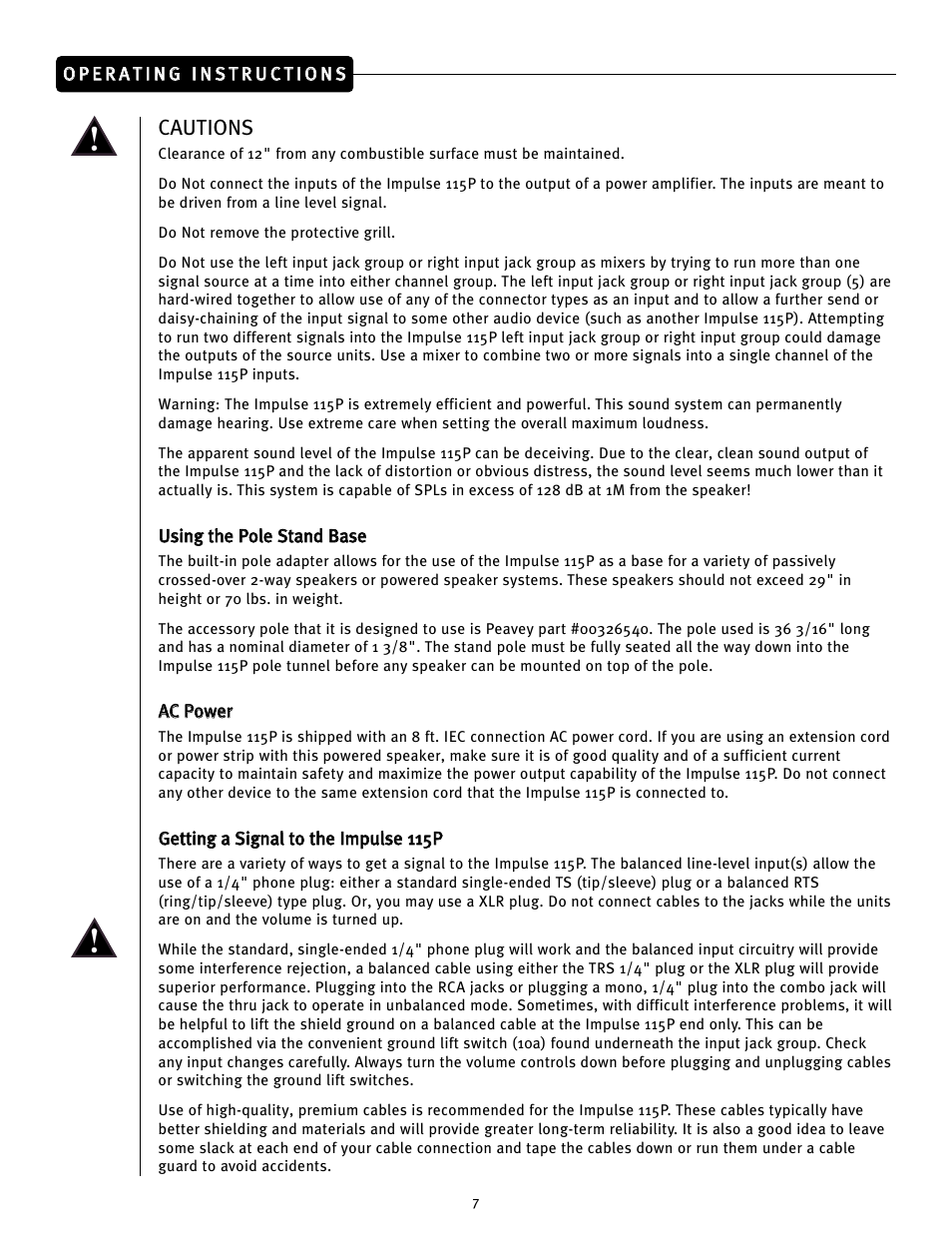 Cautions | Peavey Impulse 115P User Manual | Page 7 / 52