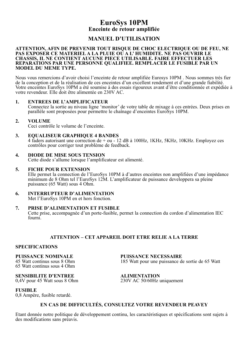 Eurosys 10pm | Peavey 10PM User Manual | Page 3 / 7